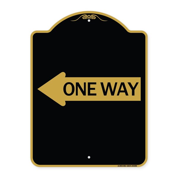 Designer Series One Way W/ Left Arrow, Black & Gold Aluminum Sign, 18" x 24", BG-1824-24385